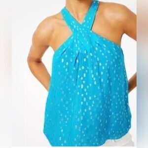 NWT Lilly Pulitzer Rori Halter Top size Large Cumulus Blue Viscose Metallic